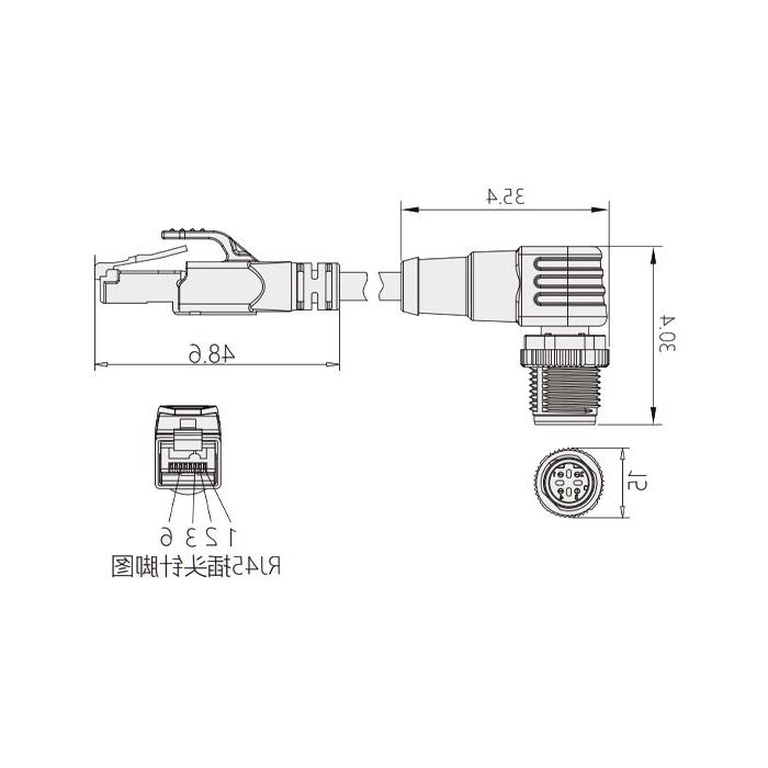 M12 4Pin D-coded male 90° turn RJ45 Male straight, double-ended precast PVC non-flexible cable with shield, yellow sheath, 0C4598-XXX